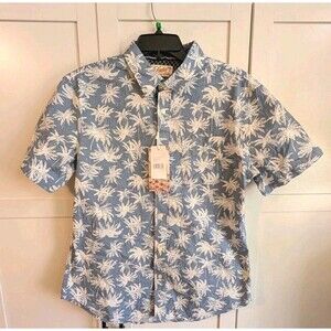 Jach's Stretch Short Sleeve Button Down Shirt Blue Palm Tree Print M Medium